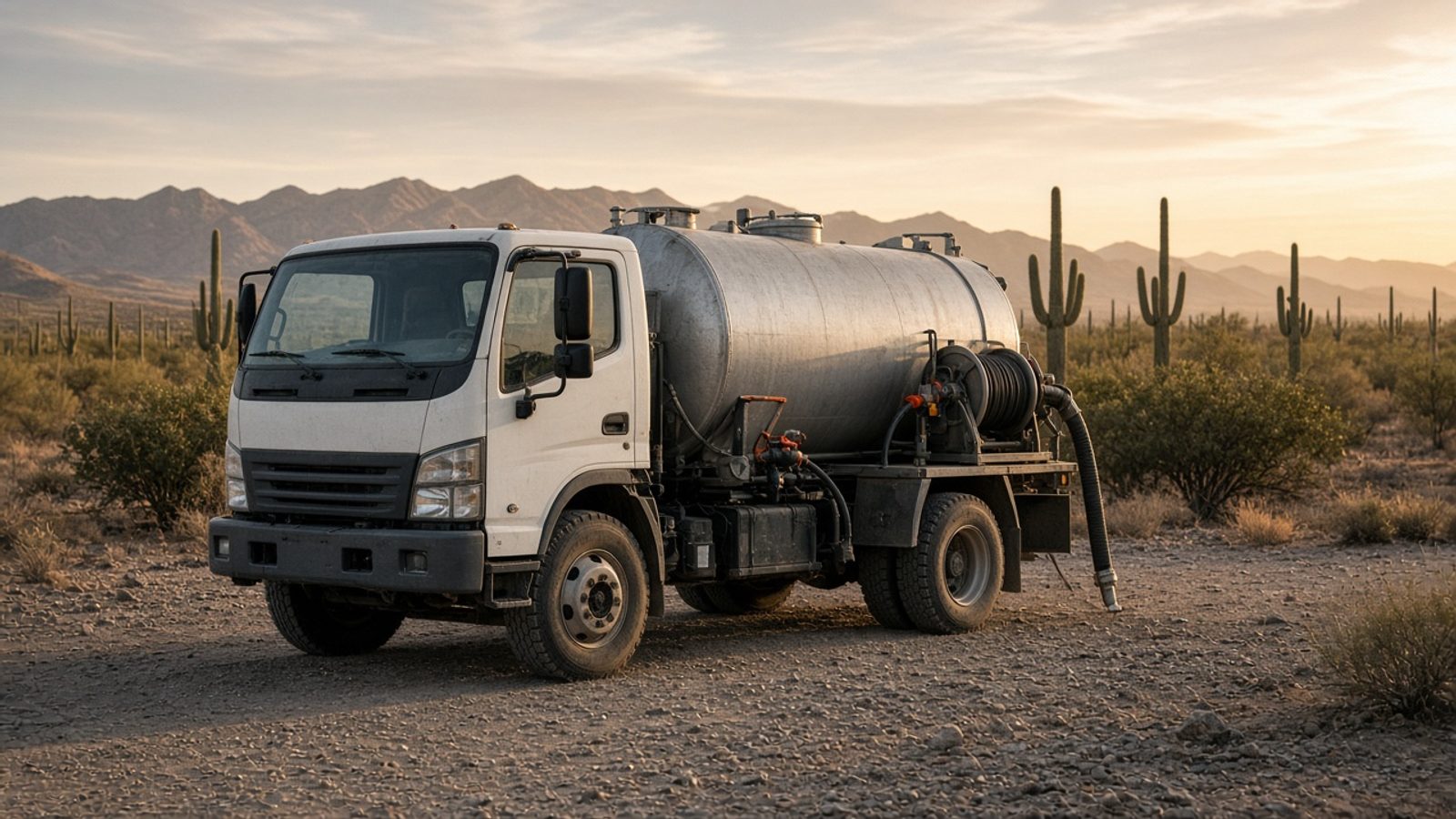 Septic pumping truck on a desert job site, for septic service in Casa Grande, AZ