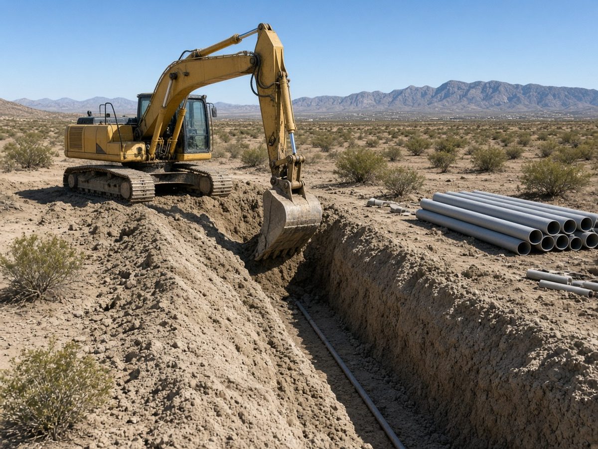 Excavator opening a septic trench on farmland, for septic service in Eloy, AZ