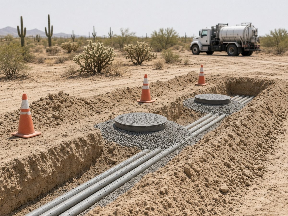 Septic drain field with freshly worked soil in an Arizona desert yard