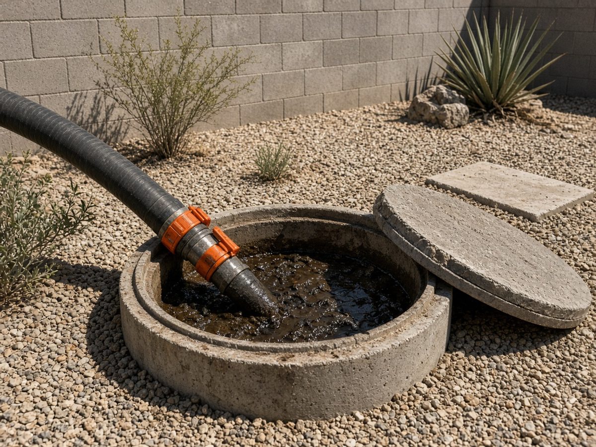 Open septic tank lid during a septic tank pumping in a Casa Grande, AZ area yard